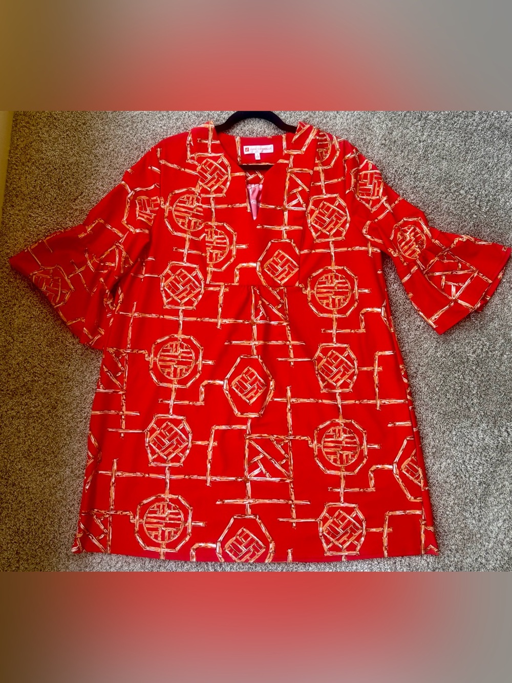 Jude Connally Kerry Bamboo Lattice Shift Dress Red Gold Size Large (L)
